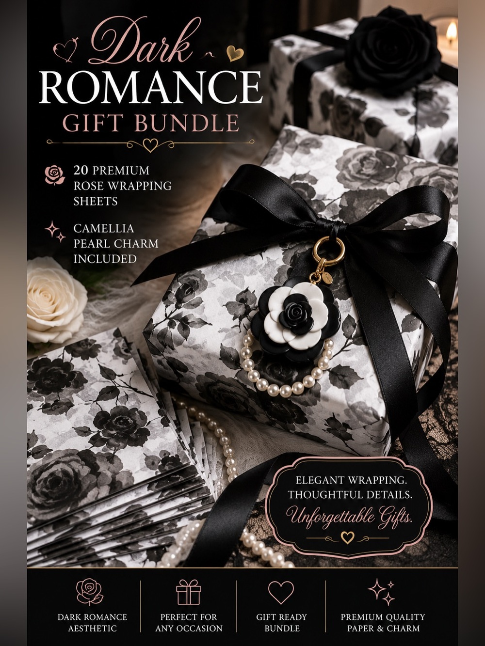 Dark Romance Gift Wrap Bundle 20 Rose Sheets Charm Ribbon BookTok